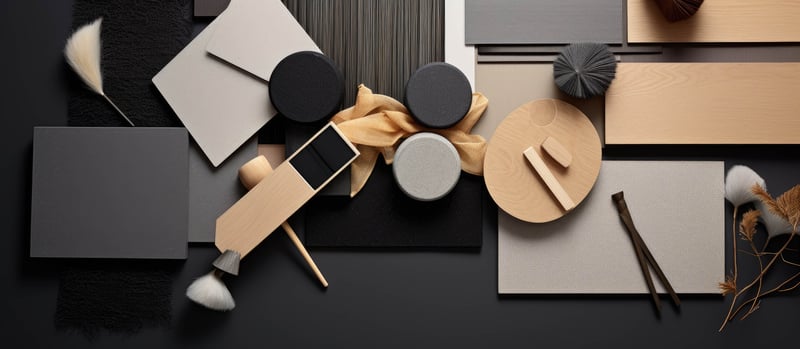 assorted textile and paint samples in flat black gray and neutral tones